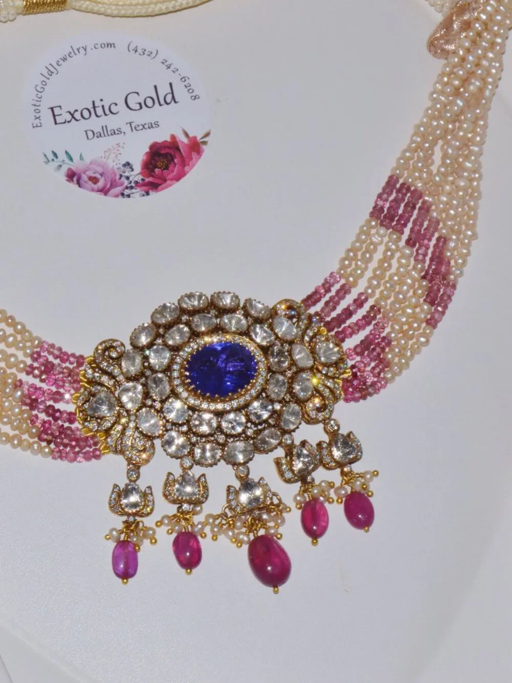 Natural Tanzanite Uncut Diamond Pearl Ruby Tourmaline 18K Gold Necklace Set